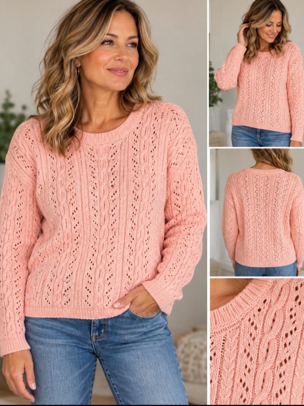 Vtg LL Bean Pointelle Cable Knit Sweater Womens Medium Light Pink Cotton 90's